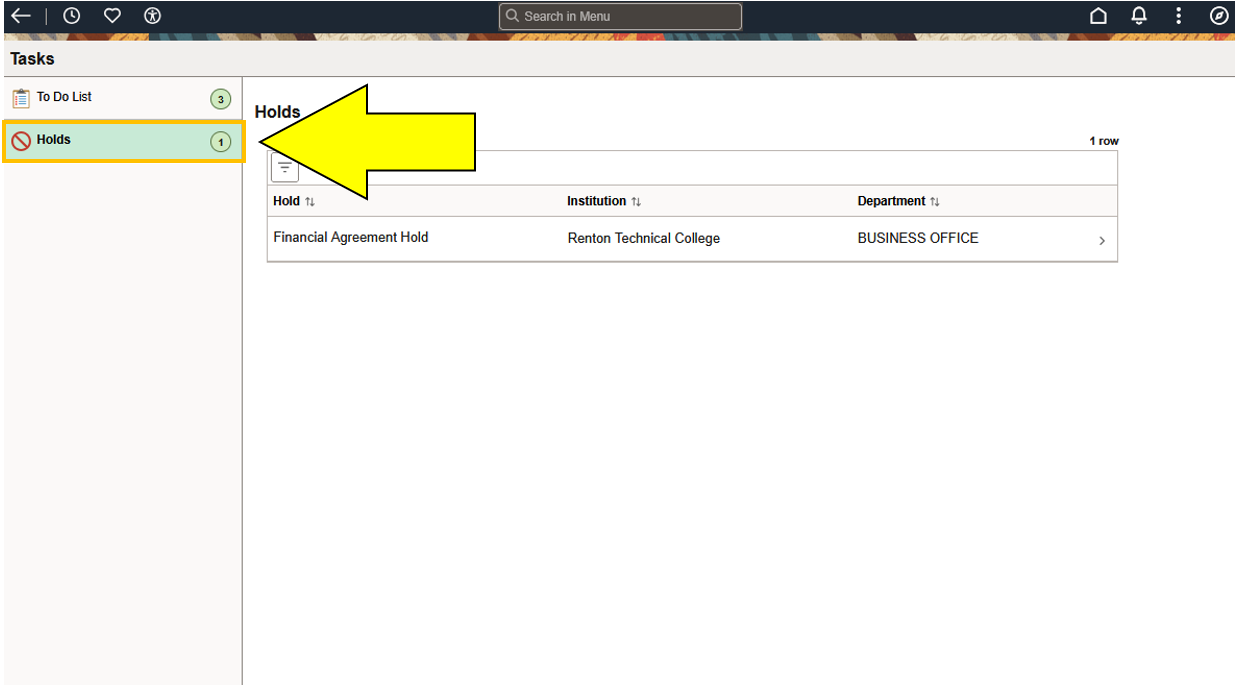 An arrow highlight "Holds" on the left-hand menu