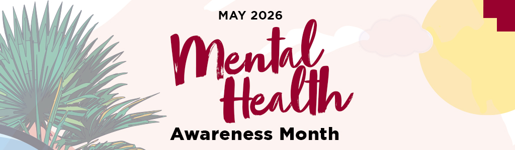 illustrated background of palm tree and sun at RTC with text saying May 2026 - Mental Health Awareness Month