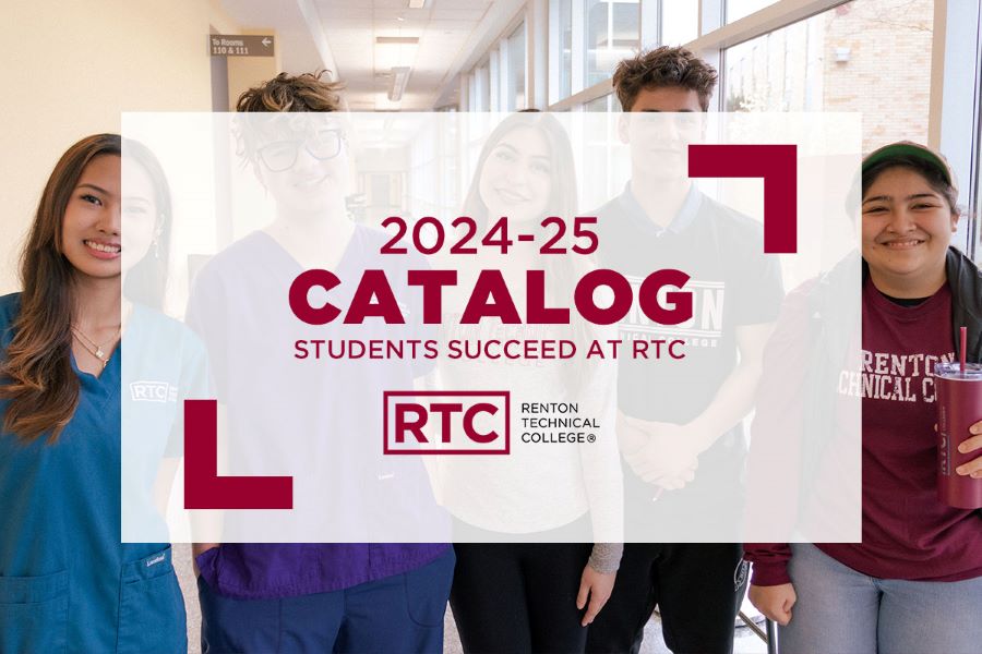 The RTC College Catalog cover image. It features text that reads "2024-25 Catalog, Students Succeed at RTC," superimposed over an image of five students standing side by side in Building C.