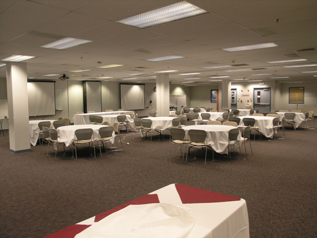 A large room seating up to 60. Configured for a banquet.