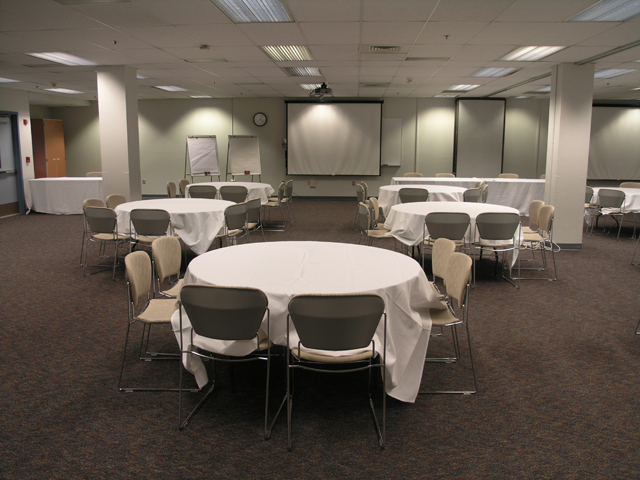 A large room seating up to 60. Configured for a banquet.