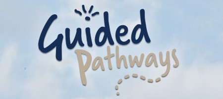 A cloudy background with text in the foreground reading "Guided Pathways"