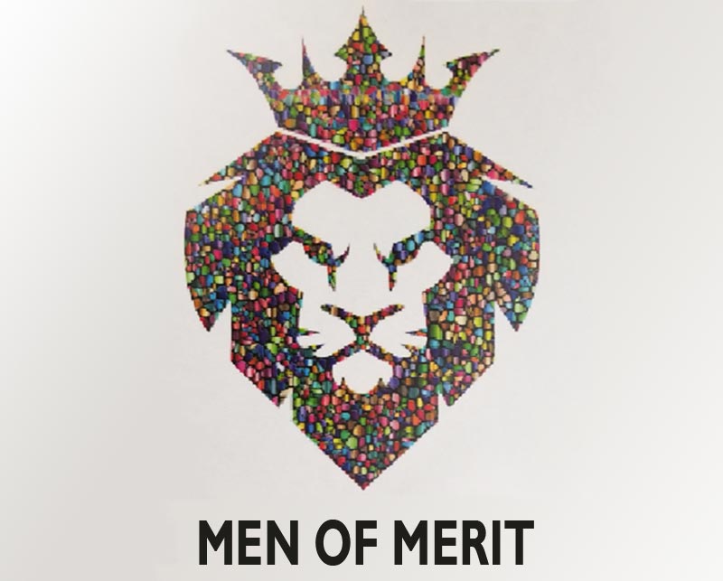 Men of Merit logo: multicolored lionhead with crown
