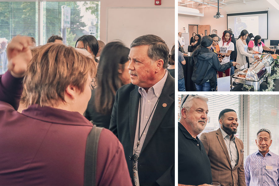3 part photo collage; on the left shows Renton Mayor Denis Law mingling with the crowd; top right, shows attendees gather by the food line; bottom right, shows attendees smiling