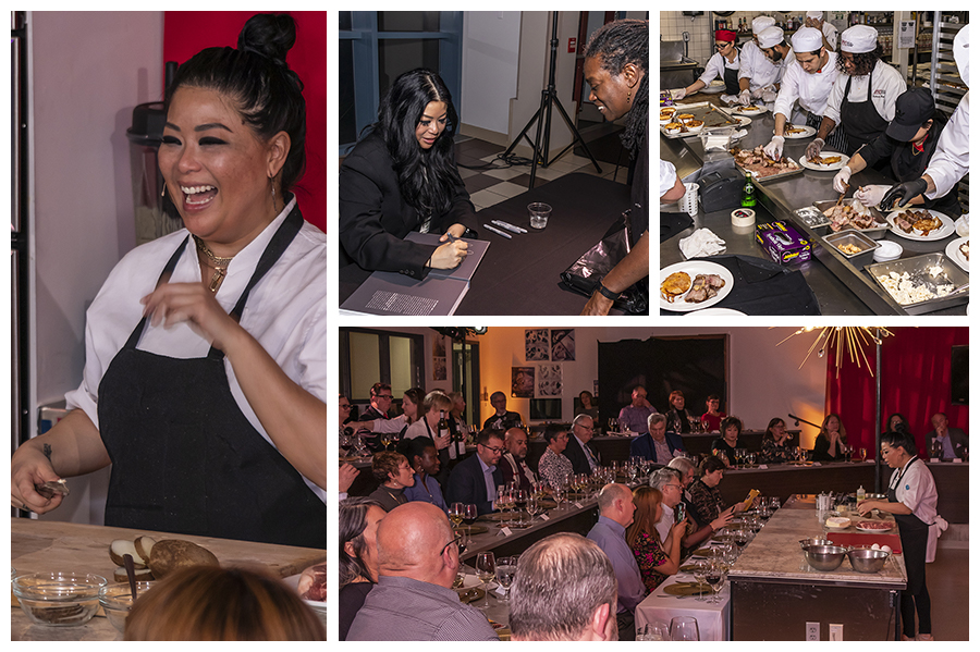 Collage, Left and bottom photos: Chef Angie Mar demonstrating how the main course is cooked; Top, middle: Chef Angie Mar signing her book, Butcher + Bease.; Top right: RTC culinary students preparing the night's various dishes. 