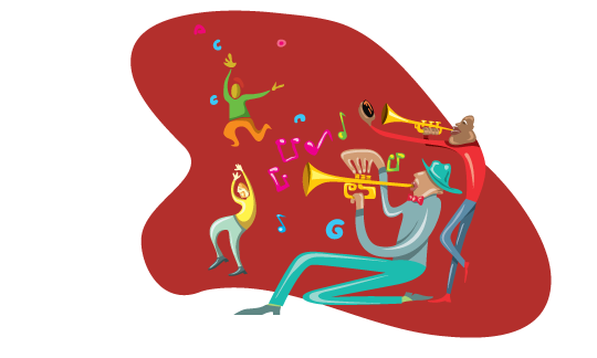 Illustration of jazz musicians playing trumpets and some dancers