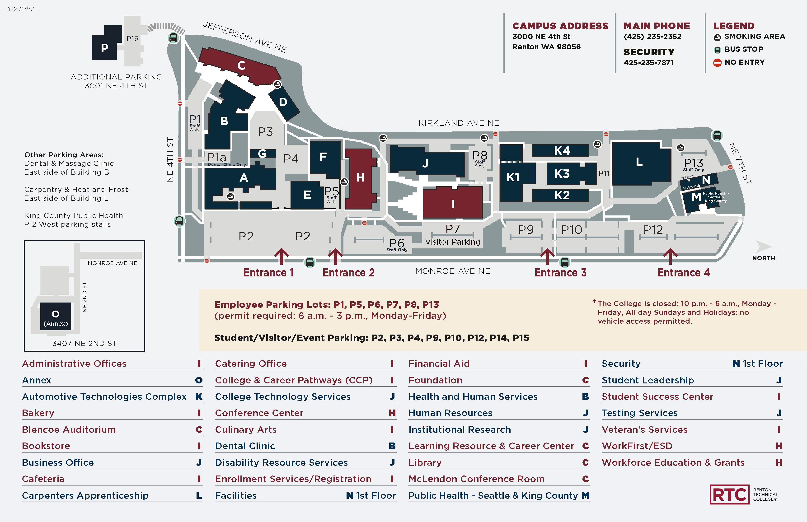 RTC campus map showing general parking locations with faculty/staff parking reserved in P1, P5, P6, P7, P8, P13, and portions of P12.