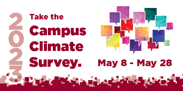 A graphic design image with the text Take the 2023 Campus Climate Survey. May 8 - May 28