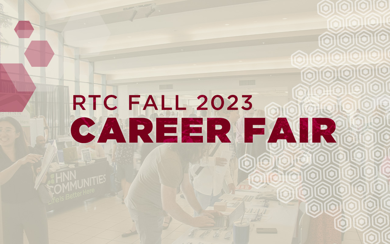Red text reading RTC Fall 2023 Career Fair superimposed over an image of the career fair